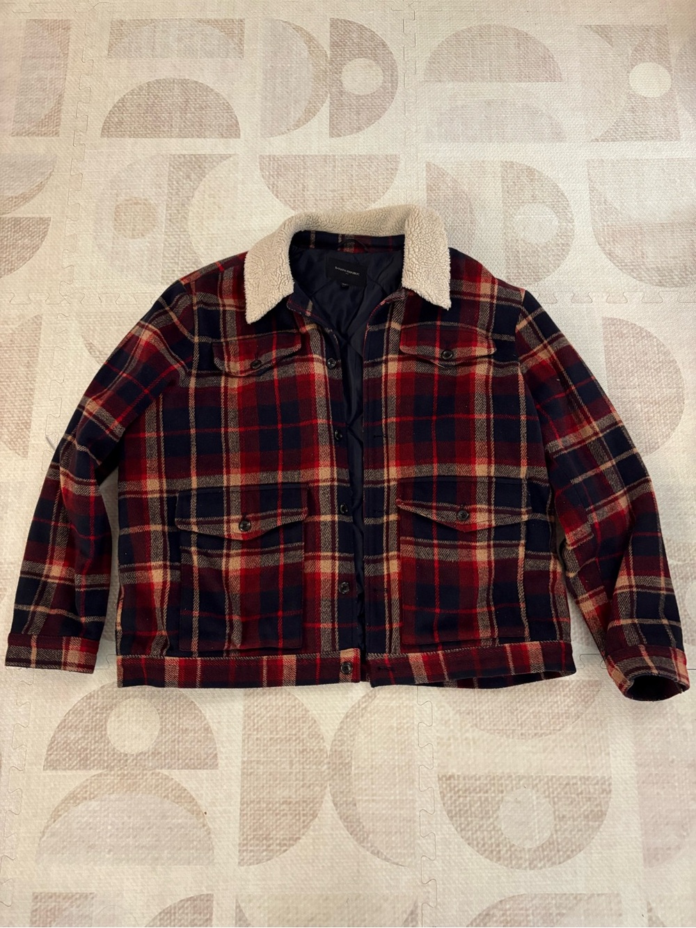Banana Republic Red & Navy Plaid Sherpa Collar Insulated Jacket